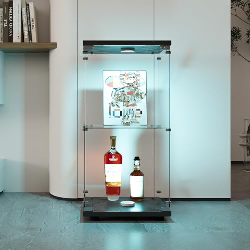 Fofetbfo Vitrine aus Glas, 2 Einlegeböden, mit LED, Sammlervitrine mit 1 Türen und Schloss, transparent, stehende Glasvitrine für Schlafzimmer, Wohnzimmer und Esszimmer