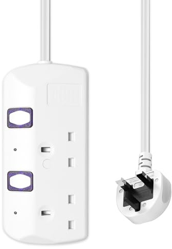 2 plug extension lead with Individual Switches, 1.5M Extension Cable, Extension lead with switches 13A Fused UK Plug, 2 gang extension lead Wall Mountable for Home, Office, Study