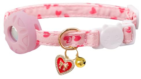Breakaway Katzenhalsband mit Airtag-Halter, Kätzchenhalsband mit Apple Airtag-Halter und Glocke für Mädchen, Jungen, Katzen, 1,1 cm breit und leicht. (Rosa Herz)