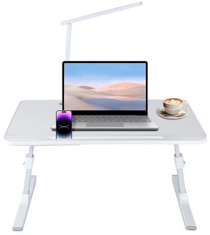 WODFARR - Mesa de cama para ordenador portátil, soporte ajustable en altura y ángulo, bandeja de cama con cajón y puertos USB, ventilación, plegable, reclinable, 60 x 40 x 40 cm (lámpara de mesa