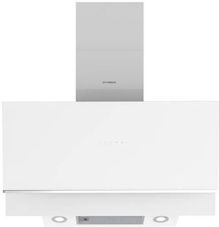 Hyundai Campana Extractora Inclinada 90cm Cristal blanco HCPD900AB. Potencia 253m3/h, Tiro Doble, 4 Velocidades, Control Táctil, Filtro apto para Lavavajillas.