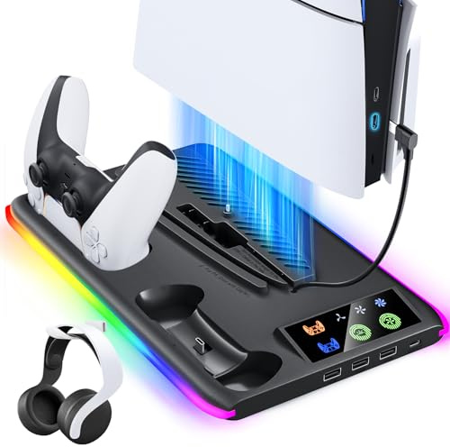 Controller Charger for PS5/PS5 Slim/Pro: PS5 Cooling Fan and Controller Charger Station, PS5 Stand/Slim/Pro Accessories Vertical Charging Dock for PlayStation 5 Console (Black)