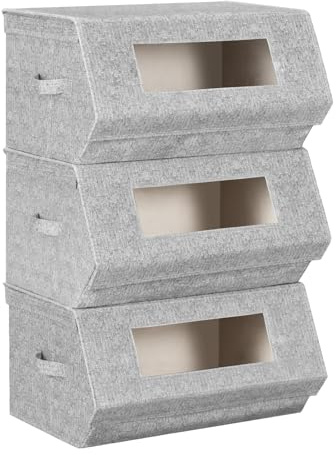 WOLTU Aufbewahrungsbox 3er Set stapelbar Grau | Vliesstoff; mit Deckel; Sichtfenster; Magnetverschluss; mit Griffen
