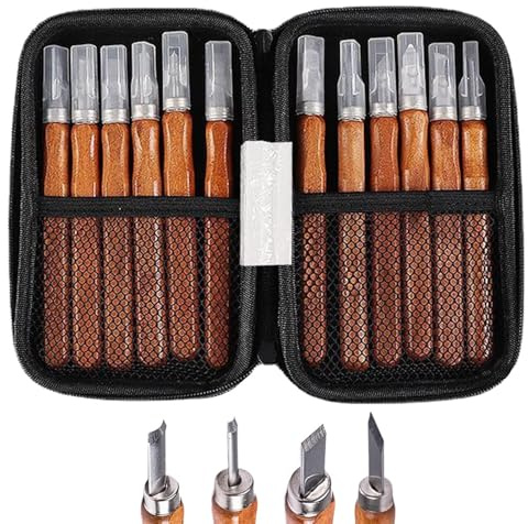 Juego De Tallado En Madera - Cinceles Pequeños Con Piedra De Afilar - 12 Piezas Antideslizantes Para Carpintería,Para Carpinteros, Principiantes, Artistas, Grabadores, Manualidades, Hobby