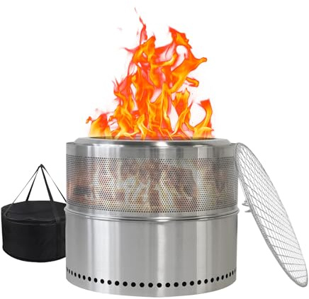 LLGWGL Eldskål rökfri eldstad grilleldskål – rostfritt stål bärbar eldstad 360° värmefördelning och effektiv förbränning för trädgård, terrass och camping, silver (38 cm)