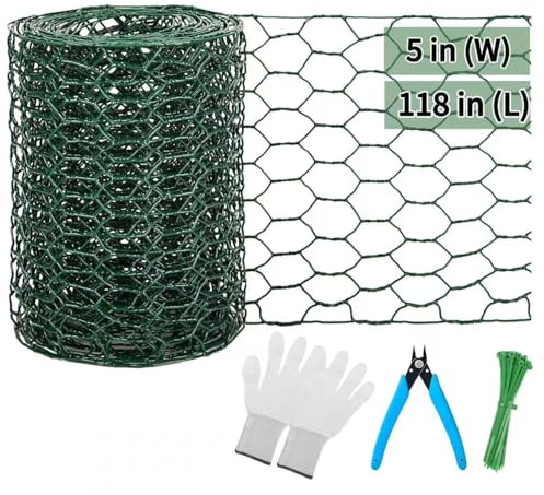 ROERLIEN 5 in×118 in Floral Wire Netting,Green Coated Floral Chicken Wire for Floral Arrangements,Garden Fencing,Protect Plant & Decorate Flower Arch and DIY Craft. (5 in×118 in)