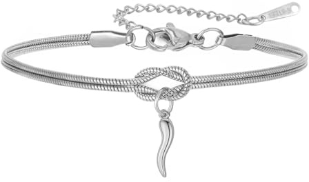Dreamtimes Bracciale con nodo infinito Braccialetti con ciondolo in corno italiano per donna e uomo Regalo gioiello portafortuna regolabile in acciaio inossidabile (Argento)
