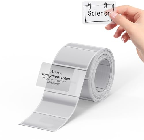 CLABEL Etiquetas Térmicas Transparentes 30x20mm, Rollo de 330, Pegatinas Impermeables para Organización de Cocina, Botes de Especias y Logotipos de Negocio Manualidades, Compatible con 221B S1