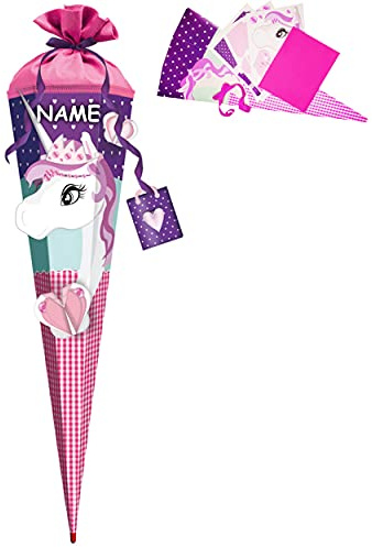 alles-meine.de GmbH BASTELSET - 3D Effekt - Schultüte - Einhorn - Pferd & Herzen - inkl. Name - 85 cm - mit Holzspitze - Filzabschluß - Zuckertüte - incl. Rohling - Bastelsch..