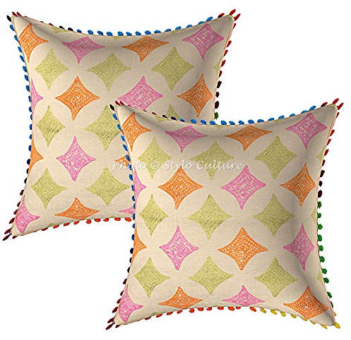 Stylo Culture Ethnicas Funda Almohadon Decorativos 40x40 cm Algodón Floral Fundas para Almohadones Sofa Multicolor Pompón Bordado De Felpa Cuadrado Cremallera Fundas Cojines Dormitorio - 2 Pcs