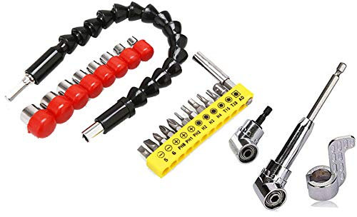 Liyafy Universal-Schaft + 9 Stück Hülse + 12 Stück Kopf mit Verlängerungsstange + 105 Grad Drehwinkel Eckgerät Elektronik Bohrer Flexible Bits Verlängerung Halter