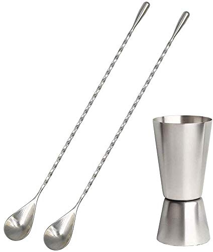 Homo Trends 1 x Spirituosen-Messbecher, 25 ml/50 ml, Edelstahl, Messbecher für Spirituosen, 2 x 30,5 cm Edelstahl-Rührlöffel für Barkeeper, Zuhause, Bar, Party.