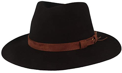Breiter Cappello da Trekking Feltro 100% Lana, Pieghevole e Impermeabile, Fedora Finiture in Pelle, da Uomo e Donna, Nero – Frange, 58