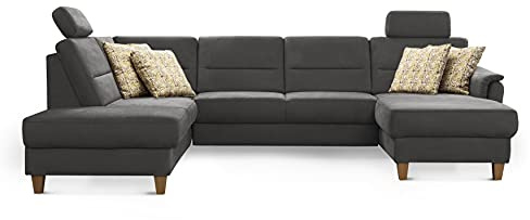CAVADORE U-Form-Sofa Palera / Federkern-Wohnlandschaft mit 2 Kopfstützen / 314 x 89 x 212 / Mikrofaser, Grau