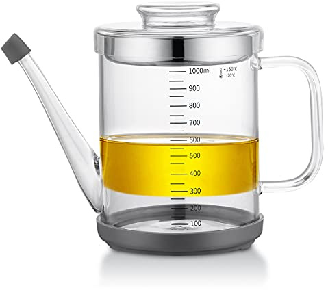 Gravy Fat Separator,1000ML Transparent Heat Resistant Glassware and Cover,with Stainless Steel Strainer,Silicone Bottom Cover and Stopper,
