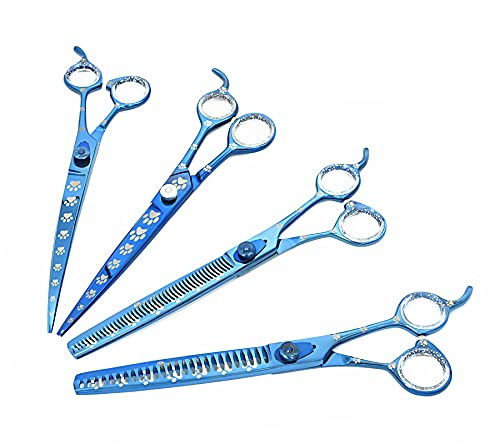 Set di forbici professionali per la toelettatura del cane, dritte, curve, diluenti/frullatore e chunker con impronte di zampe per cani, blu, acciaio inossidabile 20.5 cm)