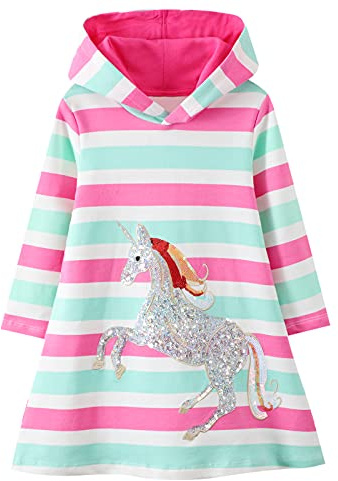 Baogaier Niña Sudadera con Capucha Lentejuelas Unicornio Raya Vestidos Algodón Mangas Largas Blanco Azul Aplique Pullover Tops Túnica Suéter Casual Primavera Otoño Invierno Hoodie Ropa Niñas 3-4 años