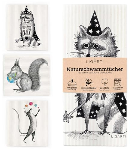 Ligarti Schwammtücher aus Holz (100% öko & waschbar) 3er Set Spültücher nachhaltig kompostierbar I Allzwecktücher für den Haushalt Made in Germany I Spüllappen, Spülschwamm