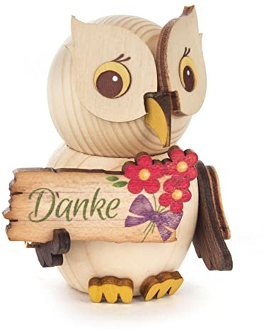 Rudolphs Schatzkiste Miniaturfigur Mini-Eule mit Schild Danke 5x7,5x3,5cm NEU Holzfigur Sammelfigur Weihnachtsfigur Erzgebirge