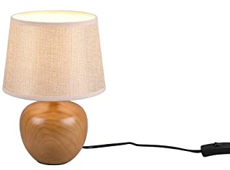 Tischleuchte mit Keramikfuß Holzoptik und Stoffschirm Beige, Höhe 26cm
