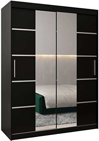 MEBLE KRYSPOL Verona 4 150 Schlafzimmerschrank Schiebetüren Schrank mit Spiegel Kleiderschrank mit Spiegel Schiebetürenschrank Kleiderschrank Schiebetüren – 150x200x62cm - Mattschwarz