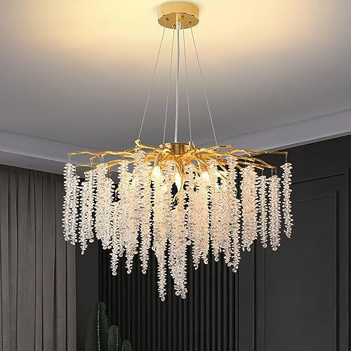 Puvaue Crystal Tree Branches Chandeliers Gold Luxury Round Raindrop Pendant Light Fixture 9 Light Tassel Ceiling Hanging Light for Dining Room Bedroom Living Room Entryway 23.7