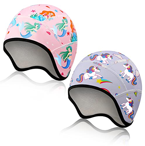Sintege 2 Meerjungfrau Einhorn Kinder Schädelmütze Mädchen Fahrradhelm Mütze Schweiß Wintermütze mit Ohrenschutz für Outdoor Sport