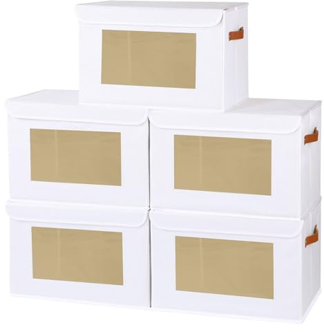 YheenLf Aufbewahrungsbox mit Deckel,5 Stück,Weiß Faltboxen,38x25x25cm | Schrank Organizer Kleiderschrank,Aufbewahrungsboxn mit Fenster,Faltbox mit Griff,Aufbewahrungskorb,Ordnungsboxen