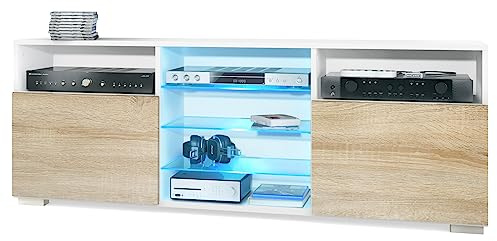 Vladon TV-Board Granada, Lowboard mit 2 Türen und 6 offenen Fächern, Korpus Weiß matt, Fronten in Eiche sägerau mit RGB LED-Beleuchtung (146 x 54 x 35 cm)