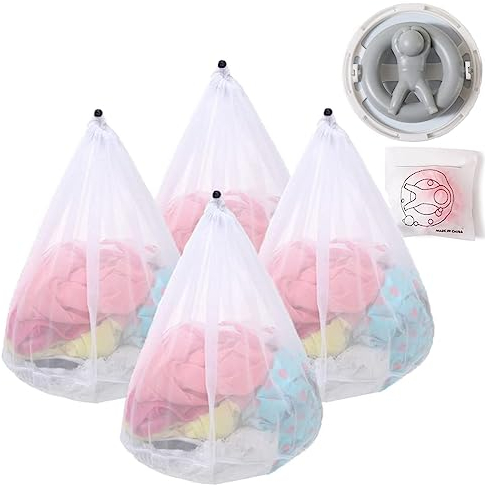 Mollyfox 4 Wäschenetze+1 Filterbeutel (mit 20 auswechselbaren Filterbeuteln), Wäschesack Wäschebeutel Waschmaschine mit Kordelstopper Wiederverwendbare Groß Netzbeutel für Wäsche/Schutz/Waschnetz