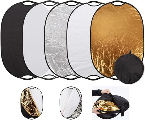 BOLLUMA 5 in 1 Reflektor Faltreflektor Fotografie 90x120cm Gold, Silber, Weiß, Schwarz und Transparent für Video Fotostudio Beleuchtung Außenbeleuchtung
