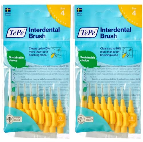 TePe Interdentalbürste Original Gelb (ISO Größe 4: 0,7mm) / Für eine einfache und gründliche Reinigung der Zahnzwischenräume / 1 x 8 Interdental Bürsten (Packung mit 2)