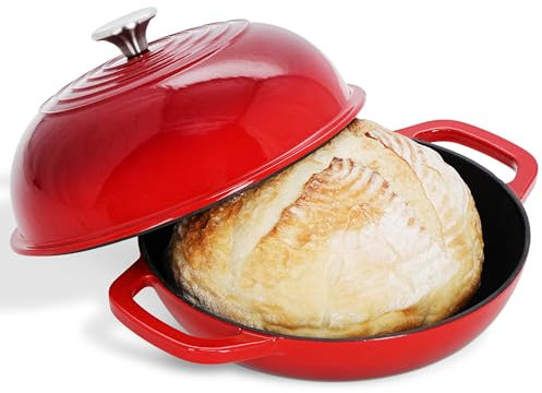 Potted Pans Dutch Oven - 10 Inch Red Enameled Cast Iron Bread Cloche for Artisan Bread Baking