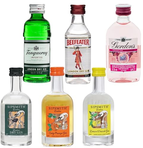 Gin Miniatures Bottles Selection Bundle - 6 x 5cl Premium Flavoured Miniature Alcohol Bottles with Topline Card. Great for Mum Birthday Gifts or Christmas Party Bag Fillers for Gin Lover