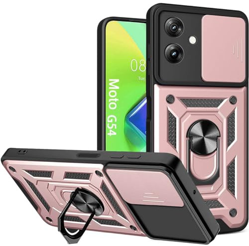 UPLAI Funda para Motorola Moto G54 5G, Ultra Delgado Antigolpes Armadura Carcasa con Deslizar Cámara Cover y Soporte Anillo Magnética, PC+TPU Duradero Estuche Caso.Oro Rosa