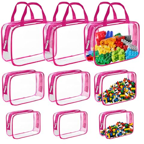 Wensdr 9 Packs Clear PVC Toy Storage Bags Toiletry Bags Waterproof Kids Zippered Toy Organizing Bags for Building Blocks Puzzle Stationery Rose