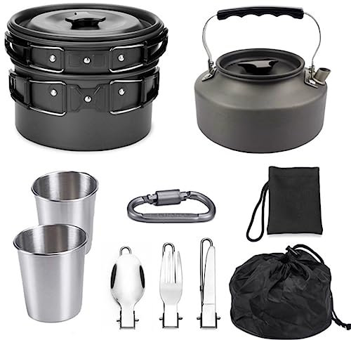 DEEDAV Camping Kochgeschirr Camping-Kochgeschirr-Set, Outdoor-Aluminium-Kochset Für 2 Bis 3 Personen, Faltbare Campingpfannen Mit Antihaftbeschichtung Wandern Trekking (Color : Black, Size : 9pcs)