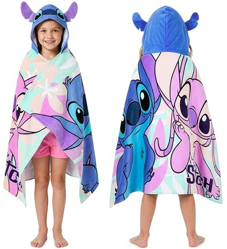 Disney Stitch Bath Towel with Hood for Kids Teenagers Absorbent Cozy Poncho Hooded Beach Towel Wrap for Beach Pool Swimming Bath Vacation Essentials (Blue/Multi Stitch, 6-14 Years)