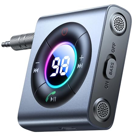 JOYROOM 2025 Aux Bluetooth Auto, Ricevitore Bluetooth 5.4 con Bass Stereo Chiamate in Vivavoce, Bluetooth Auto con Jack Aux da 3,5mm Autonomia di 26 Ore, Bluetooth Aux per Auto, Cuffie Cablate