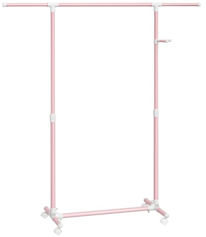 SONGMICS Stand Appendiabiti con Ruote, Attaccapanni, Altezza Regolabile 97-165 cm, Barra Estensibile, Ganci Laterali per Accessori, Rosa Pastello LLR001R02 | Attaccapanni, Barra Estensibile, Ganci Laterali per Accessori, Color Rosa Pastello e Bianco, Collezione PATAYE LLR001R02