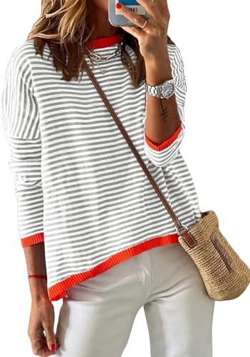 Cuptacc Jersey Mujer a Rayas Sudadera Manga Larga Cuello Redondo Algodón Casual Punto