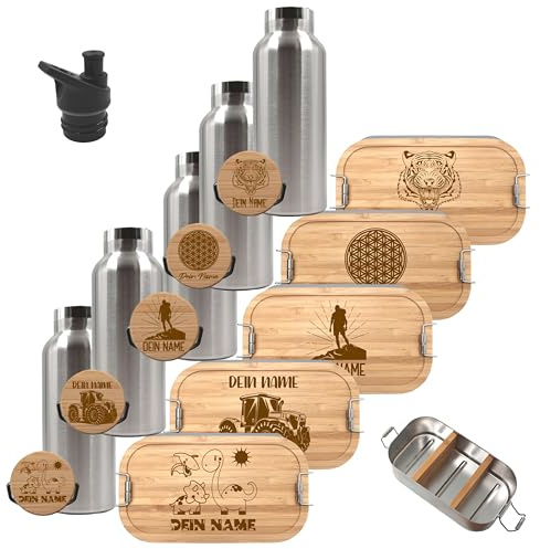 die-veredler Brotdose und Trinkflasche personalisiert Kinder Brotzeitbox personalisierte Lunchbox und Wasserflasche mit Namen, Pausen - Set Einschulung (Flasche 1,5 Liter, Lunchbox Edelstahl 1100 ml)