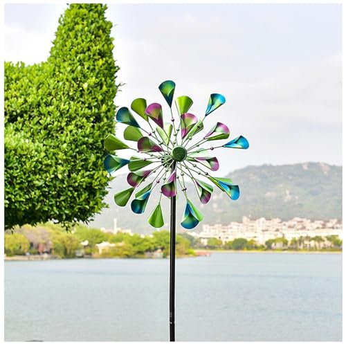 BesBet Windmühle Garten Groß, 200×52cm,Doppelwindrad,Kugellager Gartendeko für Draußen Einzigartige und Magische Magische Windmühle XXL für Hof und Garten, Terrassenrasen