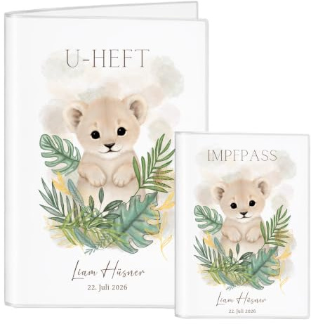 Personalisierte U-Heft- und Impfpass Hülle Dschungel Tiere – Bunte Untersuchungsheft Hülle für Babys – Babyunterlagen mit niedlichen Tiermotiven – Geschenk zur Geburt (Löwe)
