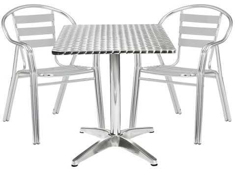 Bistroset 3-eilig Silber aus Aluminium, 1 Eckiger Aluminiumtisch mit 2 Stapelbare Stühlen Wetterfest für Garten, Balkon und Terrassen/ glänzend Tischplatte -Pflegeleichter Gartentisch mit Standfüßen