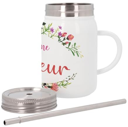 Mug Isotherme en Inox avec Couvercle et Paille - Marraine Bonheur Frise de Fleur Calligraphie - 500 ml - Tasse Thermo