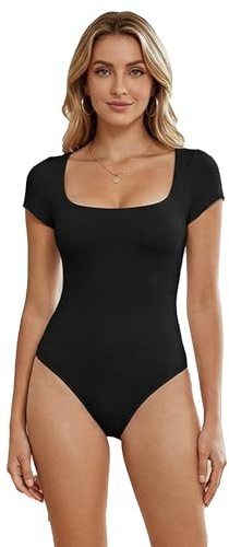 XFSRG Body Damen Kurzarm Bodysuit Square Neck Bodys Oberteil Elegant Tanga Unterziehbody Kurzarmbody Shapewear Blusenbody Weißer Bodysuit für Alltag Büro Party