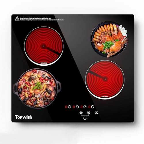 4 Burner Electric Cooktop, TOPWISH 24 Inch, Built-in Electric Stove Top, 220-240v Radiant Cooktop with Child Lock, Touch Control, Residual Heat Indicator, Overheat Protection, Hard Wire (No Plug)