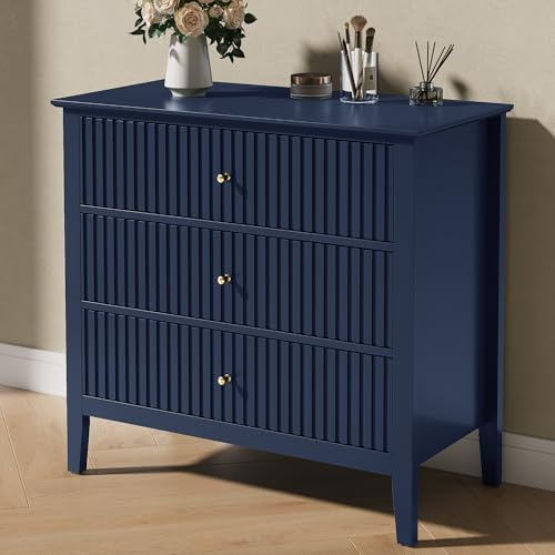 RoyalCraft 32 Large Nightstand, Fluted Painted Wood Dresser with 3 Spacious Drawers, Blue Modern Bedside Table for Bedroom