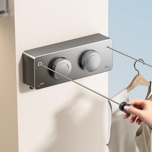 MUSTORN Wäscheleine Ausziehbar Draußen, Nicht Schlaff Doppelseil Einziehbar Wäscheleine Balkon Innenbereich Ausziehbare zum Trocknen von Wäsche Wand Zwei Linien Edelstahlseil- 4.2 m (Grau)